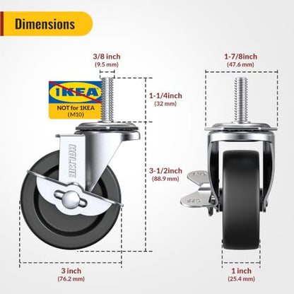 HOLKIE Caster Wheels 3 inch Locking Casters Set of 4, Threaded Stem 3/8" -16 x 1-1/4" (Diameter 3/8", Length 1-1/4") Swivel Heavy Duty Castors Black - style: Black-3/8" -16 x 1-1/4"