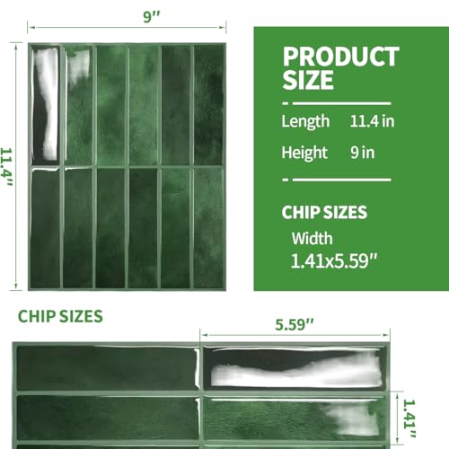 Peel and Stick Backsplash 3D Wall Tiles,Self-Adhesive,Oil Proof,Waterproof, Removable Wall Panels for Kitchen & Bathroom,Modern Design, Easy Install (10.7ft，12x9 inch,14 Pack) (Green) - color: Green