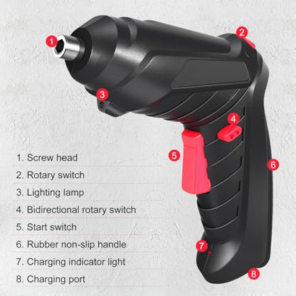 Rechargeable Cordless Screwdriver with Led Light Compact 6.7In