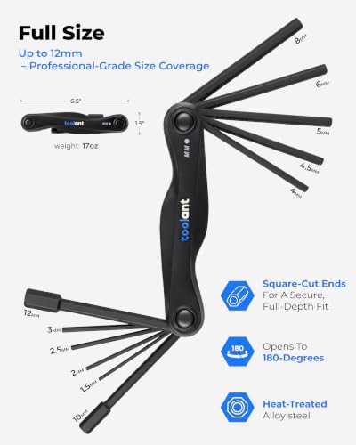 toolant 11PCS Long Arm Folding Allen Wrench Set, Metric Hex Key Set 1.5mm-12mm, Extended Reach Allen Key Set with 4 Inch Long Arms, CRV Steel Foldable Hex Wrench Tool for Bike Repair, Home & DIY - size: 11PCS (Folding - Metric)
