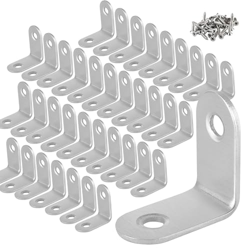 ZOENHOU 50 PCS 30x30mm Stainless Steel L Brackets Corner Braces with 100 Screws, 90 Degree Right Angle Brackets for Wood Furniture Shelves Cabinets Drawers Repair - size: 50 PCS 30 x 30mm Silver