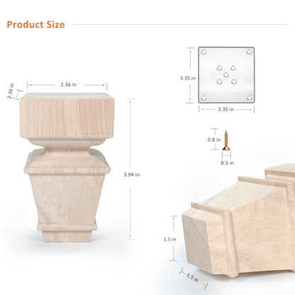 CRAPAPFERT Wood Furniture Legs 4 Inch Set of 4 Unfinished Square Bun Feet - size: 4inch