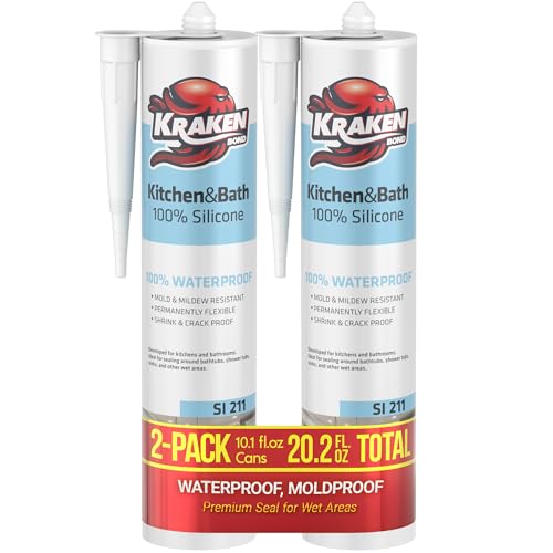 Kraken Bond Premium RTV Silicone Sealant Clear, 2x10.1 fl.oz. 100% Waterproof Silicone Caulk for Kitchen, Bathroom, Shower, Sink, Tub, Window & Door - size: 2 Pack