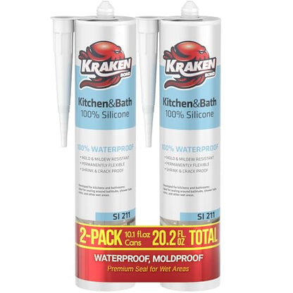 Kraken Bond Premium RTV Silicone Sealant Clear, 2x10.1 fl.oz. 100% Waterproof Silicone Caulk for Kitchen, Bathroom, Shower, Sink, Tub, Window & Door - size: 2 Pack