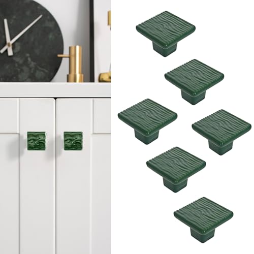 6 Pack Ceramic Drawer Pulls Square Cabinet Pulls Dark Green Drawer Knobs Wavy Natural Cabinet Handles Cute Dresser Knobs Boho Drawer Pull - color: Dark Green