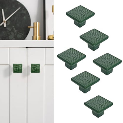 6 Pack Ceramic Drawer Pulls Square Cabinet Pulls Dark Green Drawer Knobs Wavy Natural Cabinet Handles Cute Dresser Knobs Boho Drawer Pull - color: Dark Green