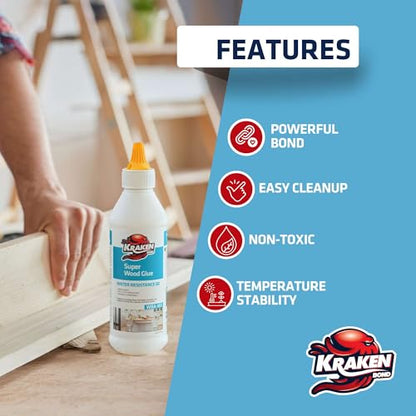 Kraken Bond D2 White Super Wood Glue - (2x13.5 fl.oz) PVA Heavy Duty Wood Glue for Repair, Woodworking, Furniture Assembly & Creative Crafts - Clear Drying Water Based Carpenter Glue - 2 Pack - size: 2 Pack, style: D2 PVA Wood Glue