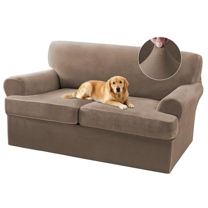 Turquoize Sofa Cover 3 Piece T Cushion Loveseat Covers for 2 Cushion Couch Thick Velvet Couch Cover Stretch Furniture Covers with 2 Individual T Cushion Covers, Washable (2 Cushion Loveseat, Mocha) - color: Mocha, size: Loveseat (2 Cushion)