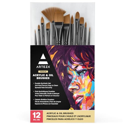 ARTEZA Acrylic and Oil Paint Brushes, Set of 12, Synthetic Hair - style: Acrylic & Oil