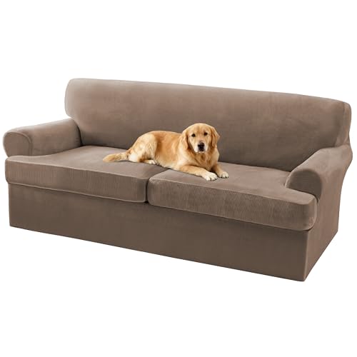 Turquoize T Cushion Sofa Slipcover 3 Piece Sofa Covers for 2 Large Cushion Couch Thick Velvet Couch Cover Stretch Furniture Covers with 2 Individual T Cushion Covers, Washable (2 Cushion Sofa, Mocha) - color: Mocha, size: Sofa (2 Cushion)