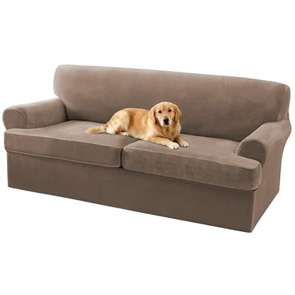 Turquoize T Cushion Sofa Slipcover 3 Piece Sofa Covers for 2 Large Cushion Couch Thick Velvet Couch Cover Stretch Furniture Covers with 2 Individual T Cushion Covers, Washable (2 Cushion Sofa, Mocha) - color: Mocha, size: Sofa (2 Cushion)