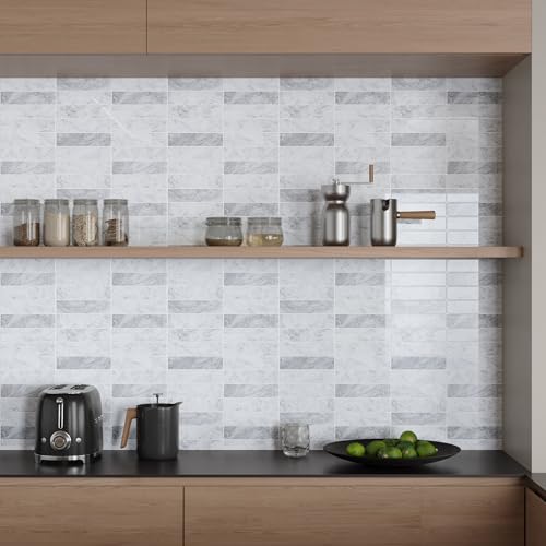 VaryPaper 20 Sheets Grey White Marble Look Backsplash Peel and Stick Subway Tile Self Adhesive Vinyl Tile Waterproof Removable Sticky Backsplash for Renters Back Splash Stick on Tiles for Kitchen - size: 20 Sheets