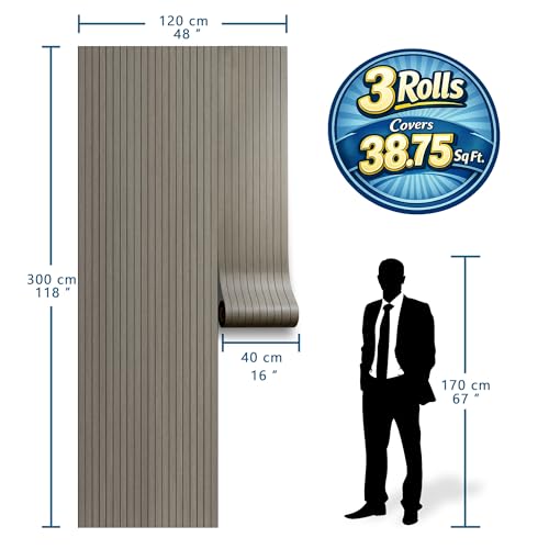 Peel and Stick Faux Wood Slat Wall Panels, 118" x 48" Gray Self-Adhesive Flexible Wall Paneling, 3D Wood Grain Wallpaper for Walls & Ceilings, Covers 38.75 Sq. Ft. - color: Gray