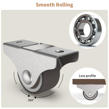 1" Mini Low Profile Fixed Plate Casters, Silent TPR Furniture Wheel