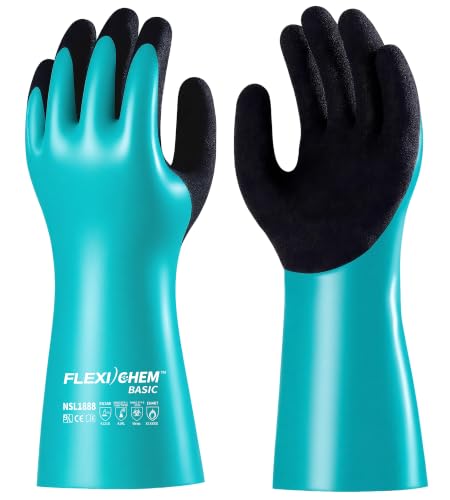 JDL Heavy-Duty Nitrile Chemical Gloves with Nylon Lining, Black Sandy Finish, Reusable Rubber Work Gloves, Acid/Alkali/Oil Protection, Non-Slip, Medium - size: Medium