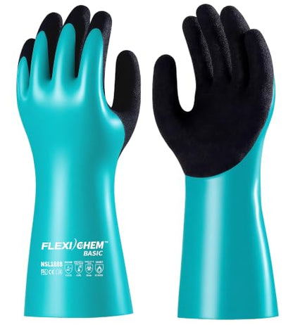 JDL Heavy-Duty Nitrile Chemical Gloves with Nylon Lining, Black Sandy Finish, Reusable Rubber Work Gloves, Acid/Alkali/Oil Protection, Non-Slip, Medium - size: Medium