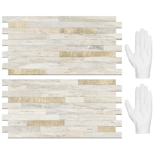 STICKGOO 20 Sheets Peel and Stick Backsplash Tile, Stick on Backsplash for Kitchen and Bathroom, Sunny Beige Look PVC Mixed Metal Gold Self Adhesive Wall Tiles - color: Sunny Beige + Metal Gold