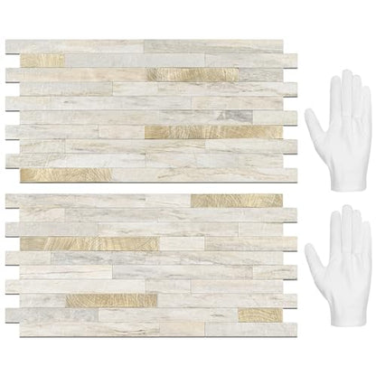 STICKGOO 20 Sheets Peel and Stick Backsplash Tile, Stick on Backsplash for Kitchen and Bathroom, Sunny Beige Look PVC Mixed Metal Gold Self Adhesive Wall Tiles - color: Sunny Beige + Metal Gold