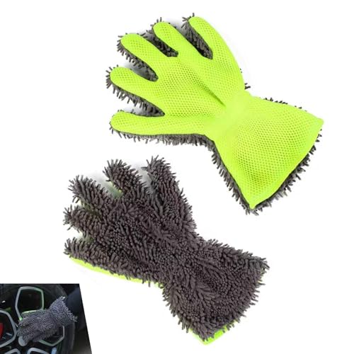 2 PCS Car Wash Mitts, 5-Finger Microfiber Scratch-Free Cleaning Gloves, Double-Sided Coral Velvet Car Interior Exterior Wash Gloves, Universal Cleaning Tool for Cars Families (Gray&Green)