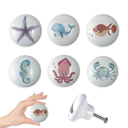 Set of 6 Ceramic Starfish Unique Coastal Beach Cabinet Dresser Drawer Knobs Pulls Octopus Door Handle 1.5 X 1.5 Inches - size: dolphin