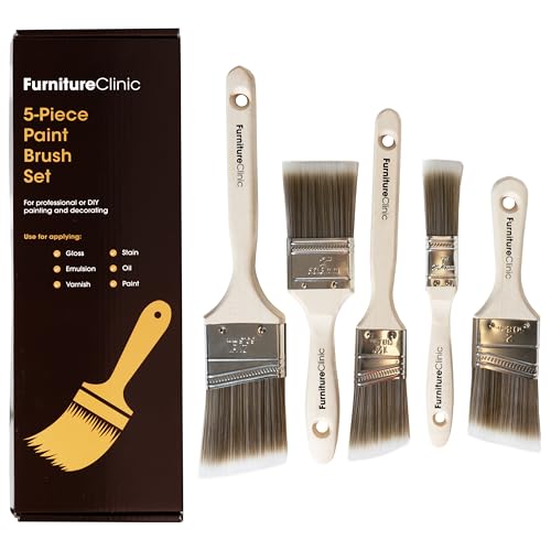 Furniture Clinic Paint Brush Set for Professional or DIY Painting & Decorating - Set of 5 Brushes - Flat, Cutting Angled, 38mm, 50mm, 60mm Paintbrushes - for Gloss, Emulsion, Varnish, & Wood Staining
