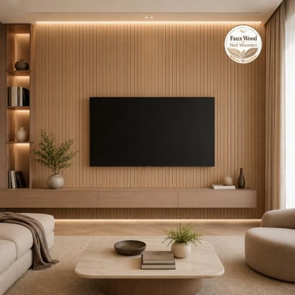 Peel and Stick PVC Slat Wall Panel, 3D Faux Oak, 15.8" x 236" - color: Oak, size: 15.8" x 236"