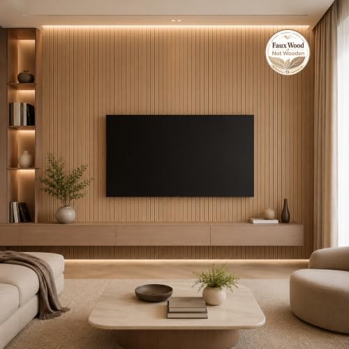 Peel and Stick PVC Slat Wall Panel, 3D Faux Oak, 15.8" x 118" - color: Oak, size: 15.8" x 118"