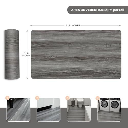 Woodgrain Vinyl Floor Roll, 11.8" x 118", Quick‑Apply Peel & Stick - color: Grey, size: 118"*11.8"