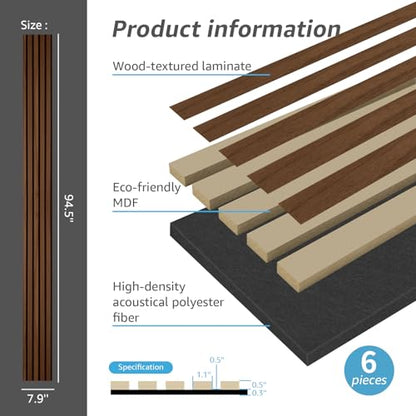 Art3d 6-Pack Soundproof Wood Slat Wall Panel, 94.5 x 7.9 Inch, Deep Walnut - color: Dark Walnut, size: 6Pcs - 94.5 * 7.9 inch