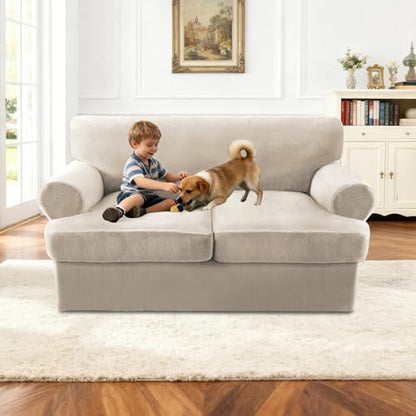 Sofa Cover 3 Piece T Cushion Loveseat Covers for 2 Cushion Couch Thick Velvet Couch Cover Stretch Furniture Covers with 2 Individual T Cushion Covers, Washable (2 Cushion Loveseat, French Oak) - color: French Oak, size: Loveseat (2 Cushion)