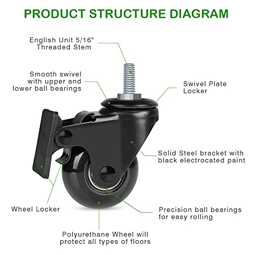Hirate 2 inch Lockable Caster with 5/16"-18UNC Threaded Stem Swivel Wheels - size: 2"