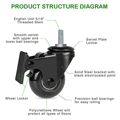 Hirate 2 inch Lockable Caster with 5/16"-18UNC Threaded Stem Swivel Wheels - size: 2"