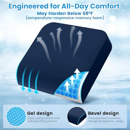 Wheelchair Seat Cushion - Cooling Gel & Memory Foam Office Chair Cushion with Non-Slip Bottom & Washable Cover, Ergonomic Car Seat Pillow for Sciatica, Tailbone, Back Comfort (Navy Blue) - color: Navy Blue