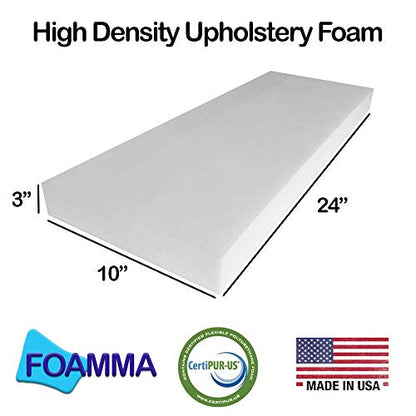 Foamma 3" x 10" x 24" High Density Upholstery Foam, Chair Cushion Square Foam for Dining Chairs, Wheelchair Seat Cushion Replacement - size: 3" x 10" x 24"