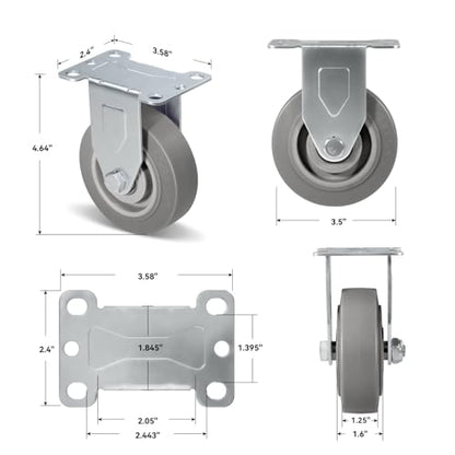 Casters Set of 4 Heavy Duty, 3.5" Plate Swivel Caster with Rubber Wheels for Furniture Platform Truck Dolly Cart (2 Brakes & 2 Rigid)