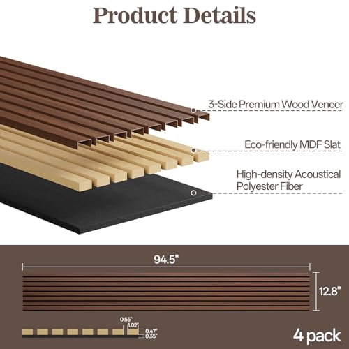 4 Pack Acoustic Wood Panels for Wall 94.48" x 12.79" Soundproof - color: Walnut, size: 94" x 12" (4 PCs)