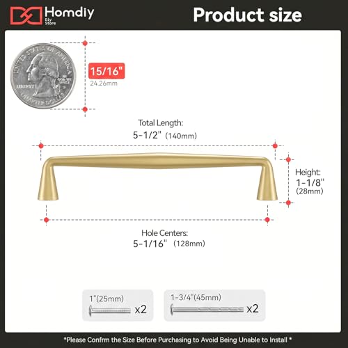 homdiy 10 Pack 5in Gold Cabinet Pulls for Kitchen Cabinet Handles - color: Brushed Brass, size: 5-1/16in(128mm) hole centers