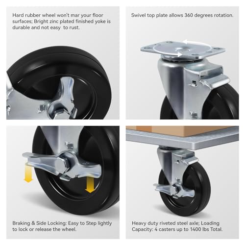 5" Casters, Heavy Duty Industrial Swivel Caster Wheels with Brake, Plate Hard Rubber Wheel for Cart Furniture Workbench (12 Brake) - style: 12 Pack Brake