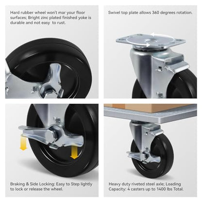 5" Casters, Heavy Duty Industrial Swivel Caster Wheels with Brake, Plate Hard Rubber Wheel for Cart Furniture Workbench (12 Brake) - style: 12 Pack Brake