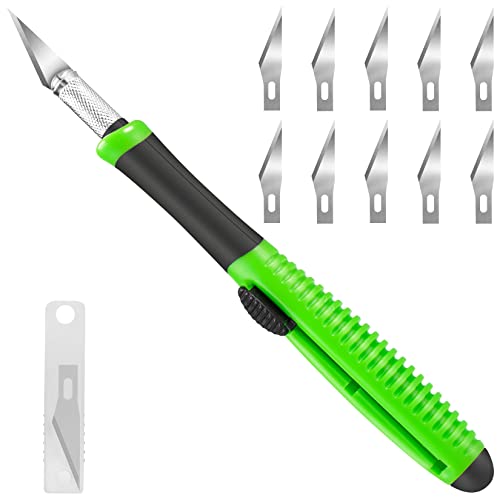 Exacto Knife, 1 Pack Craft Knife with Extra 10 Pcs High Carbon Steel Blades, Sharp Hobby Knives for Crafting, Precision, Exacting for Home and Studio Use - style: Green (Retractable) – 1 Knife / 10 Blades