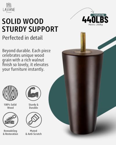 La Vane 6 inch Solid Wood Furniture Legs, Walnut Finish & Tapered, 4-Pack - size: 6 inch