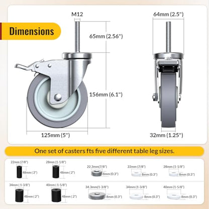 HOLKIE Caster Wheels Locking 5 Inch Expanding Stem Casters, Threaded Swivel Casters Set of 4 Heavy Duty Castors, Fit 1", 1-1/4", 1-2/5",1-1/2", 1-5/8" ID Stainless Steel Table, Cart, Furniture Legs - style: 5 Inch