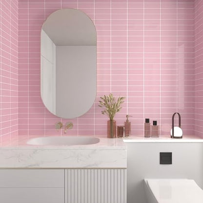 CHIHUT 6 Sheets Pink Glossy Peel and Stick Subway Backsplash Tiles 12"x12" - color: Solid Pink, size: 6 Tiles