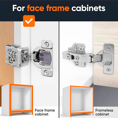 Decobasics 50 Pack Soft Close Cabinet Hinges – 1" Overlay for Kitchen Cabinet Doors, Face Frame Concealed Hidden Hinges – Stainless Steel, Self-Closing with 3-Way Adjustment & Slow Close Damper - size: 1 Inch
