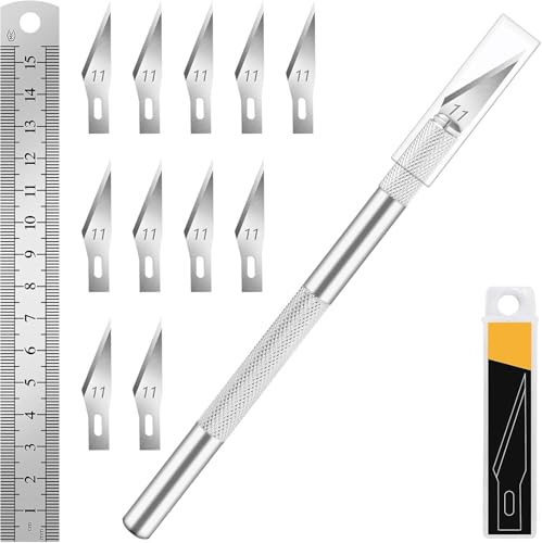 1 Pcs Craft Knife Hobby Knife with 11 Pcs Stainless Steel Blades Kit, 1pcs Steel 15MM Ruler for Art, Scrapbooking,Stencil - color: Silver-11pcs