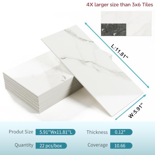 Vamos Tile Peel & Stick Backsplash, Glossy 22-Piece 6''x12'' Subway Tile - color: Statury White with White Grout