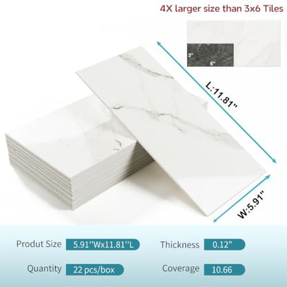 Vamos Tile Peel & Stick Backsplash, Glossy 22-Piece 6''x12'' Subway Tile - color: Statury White with White Grout