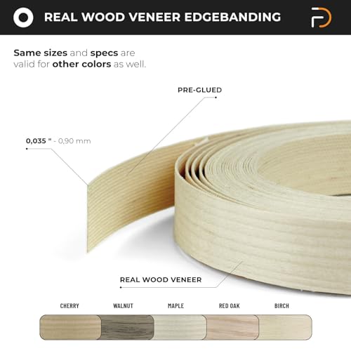 Furndiy Cherry 3/4" x 50' Roll Pre-Glued Wood Veneer Edge Banding, Iron on Edge Band, Hot Melt Adhesive, Real Wood Edge Tape, Veneer Edging for Easy Furniture Restoration, Smooth Surface, Based in USA