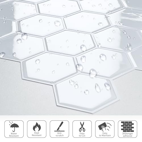 10-Sheet Hexagon Peel and Stick Kitchen Backsplash Tiles,Honeycomb Waterproof Self-Adhesive Wall Tile Stick on Backsplash for Kitchen,RV and Bathroom(White,12"×12") - color: White