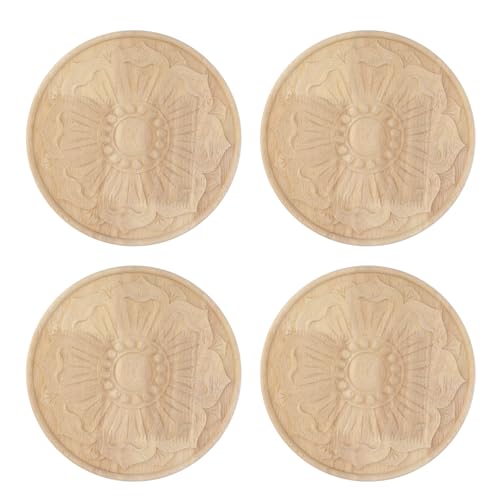 Antrader 4Pcs Round Unpainted Wood Carved Appliques,Vintage Onlay Ornaments - style: Style 14
